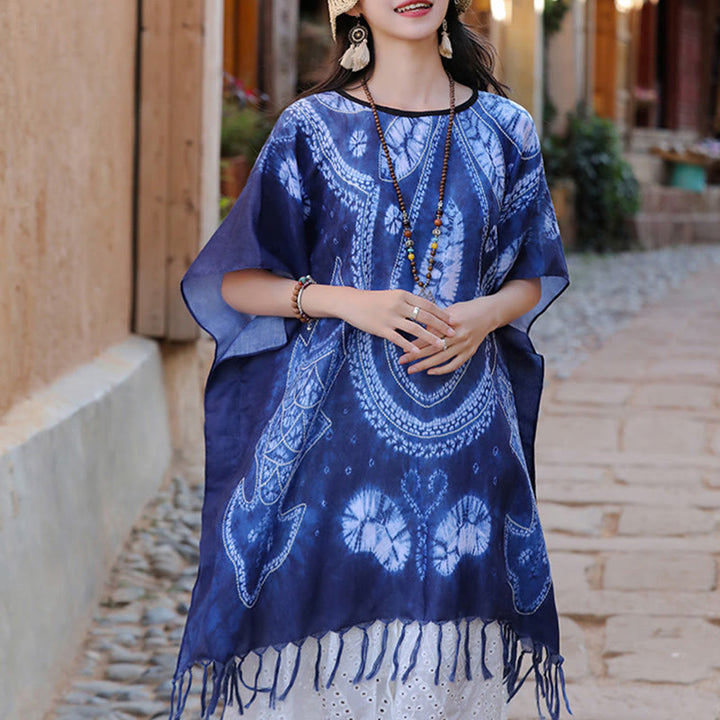 Buddha Stones Blue Geometry Batik Shawl Tassels Cozy Travel Pullover 90*95cm - image 1