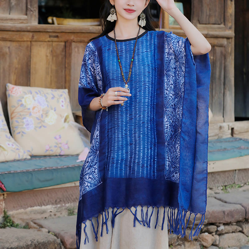 Buddha Stones Blue Geometric Stripes Batik Shawl Tassels Cozy Travel Pullover 90*95cm - image 1
