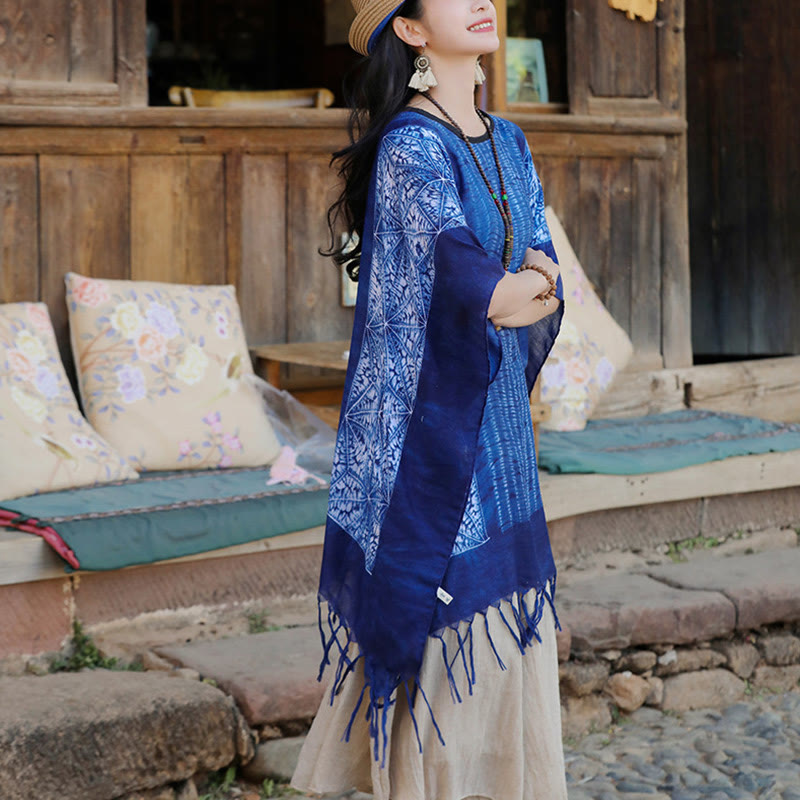 Buddha Stones Blue Geometric Stripes Batik Shawl Tassels Cozy Travel Pullover 90*95cm - image 9