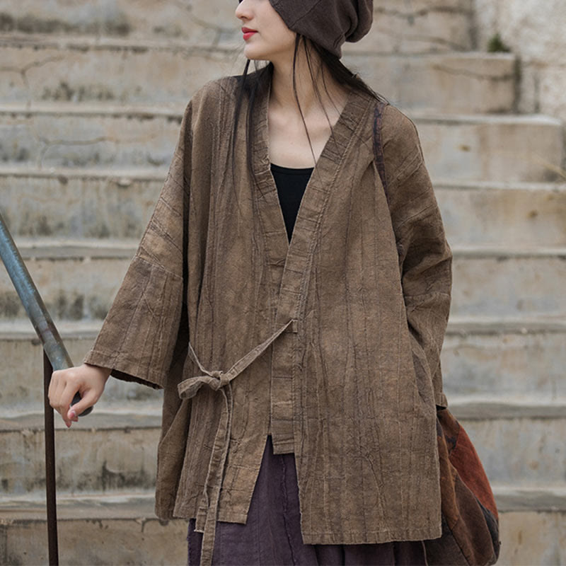 Buddha Stones Tie Dye Lace-up Design Coat Zen Meditation Open Front Top Jacket - Brown-US4-14，UK/AU8-18，EU36-46 (F)-(Top Only) - image 0