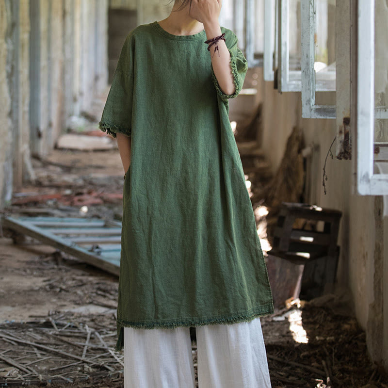 Buddha Stones Mid Length Dress Ramie Linen Half Sleeve Split Hem Top T-Shirt - image 7