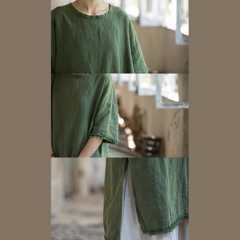 Buddha Stones Mid Length Dress Ramie Linen Half Sleeve Split Hem Top T-Shirt - image 13