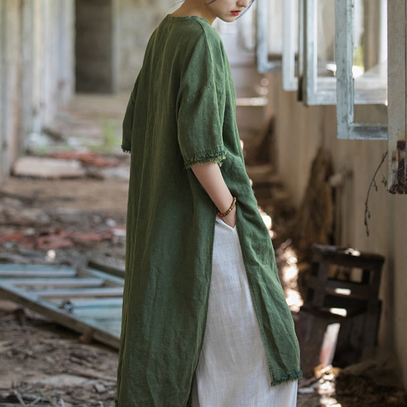 Buddha Stones Mid Length Dress Ramie Linen Half Sleeve Split Hem Top T-Shirt - image 2