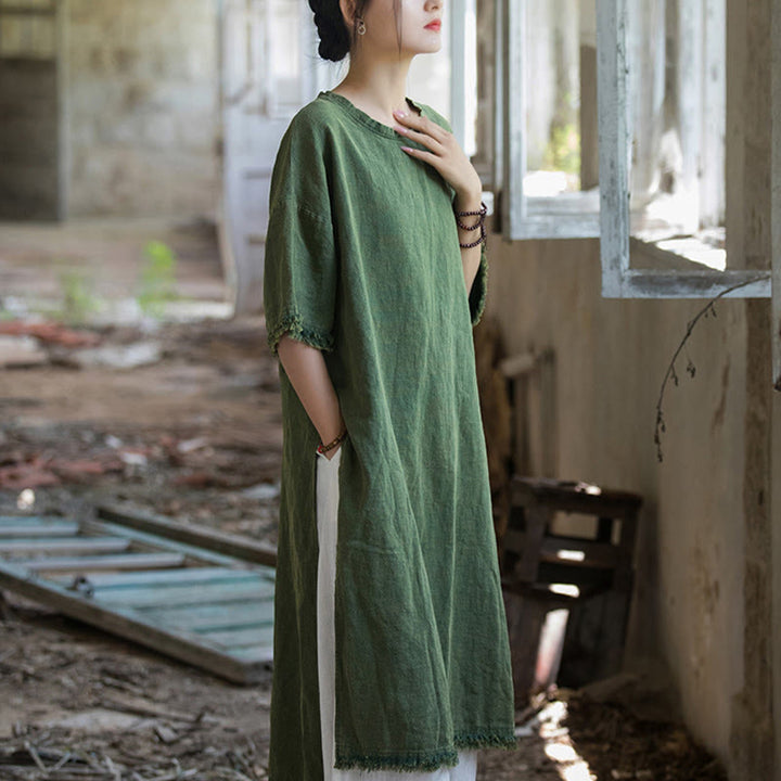 Buddha Stones Mid Length Dress Ramie Linen Half Sleeve Split Hem Top T-Shirt - image 5