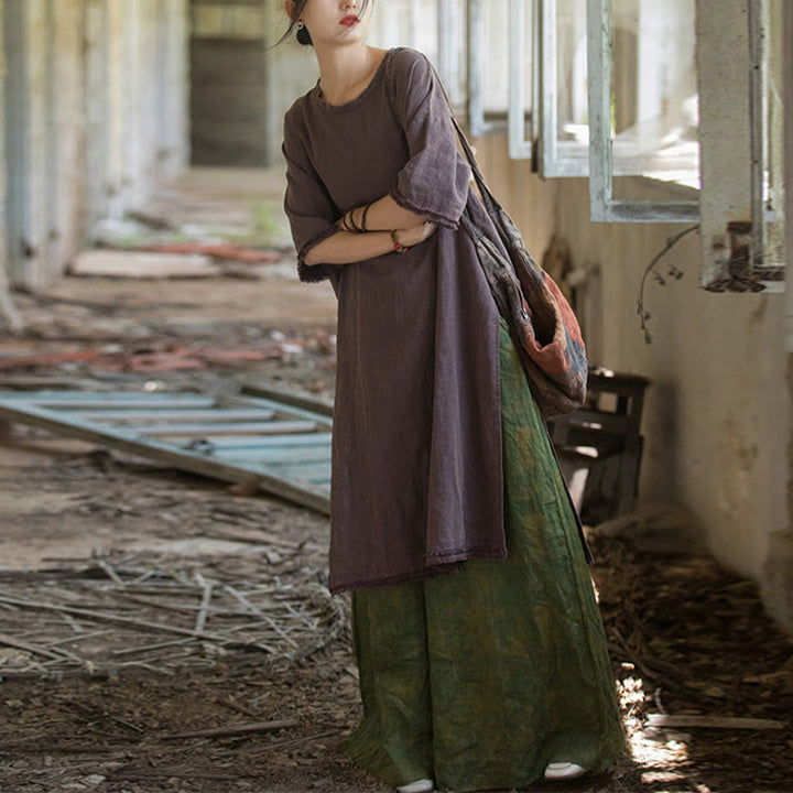 Buddha Stones Mid Length Dress Ramie Linen Half Sleeve Split Hem Top T-Shirt - image 29