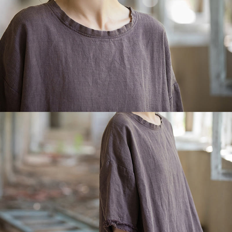 Buddha Stones Mid Length Dress Ramie Linen Half Sleeve Split Hem Top T-Shirt - image 30