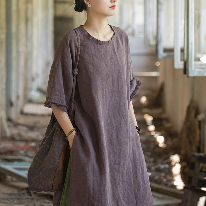 Buddha Stones Mid Length Dress Ramie Linen Half Sleeve Split Hem Top T-Shirt - image 26