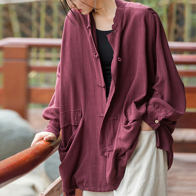 Buddha Stones Frog-Button Long Sleeve Zen Meditation Open Front Jacket With Pockets - image 2