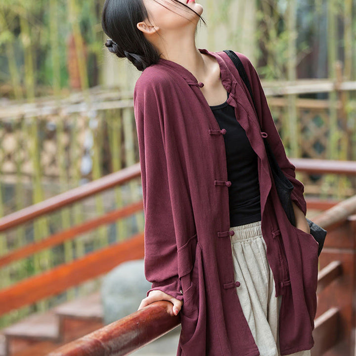 Buddha Stones Frog-Button Long Sleeve Zen Meditation Open Front Jacket With Pockets - image 3