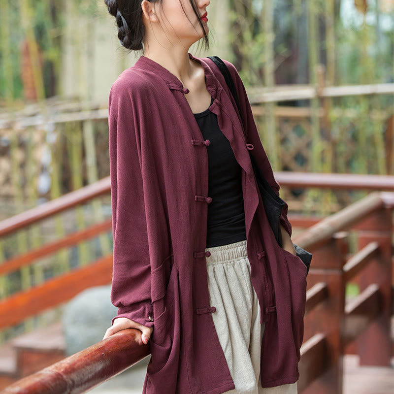 Buddha Stones Frog-Button Long Sleeve Zen Meditation Open Front Jacket With Pockets - image 9