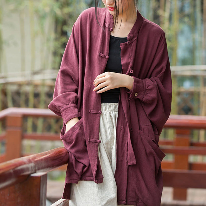 Buddha Stones Frog-Button Long Sleeve Zen Meditation Open Front Jacket With Pockets - Red，US4-14，UK/AU8-18，EU36-46 (F) - image 0