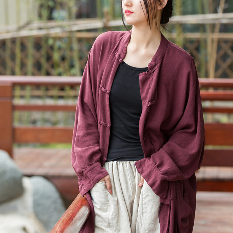 Buddha Stones Frog-Button Long Sleeve Zen Meditation Open Front Jacket With Pockets