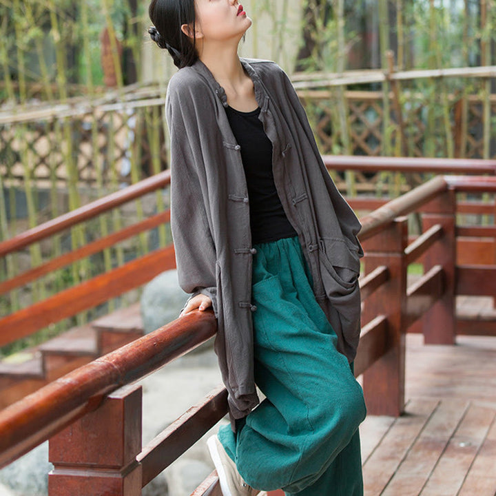 Buddha Stones Frog-Button Long Sleeve Zen Meditation Open Front Jacket With Pockets - image 23
