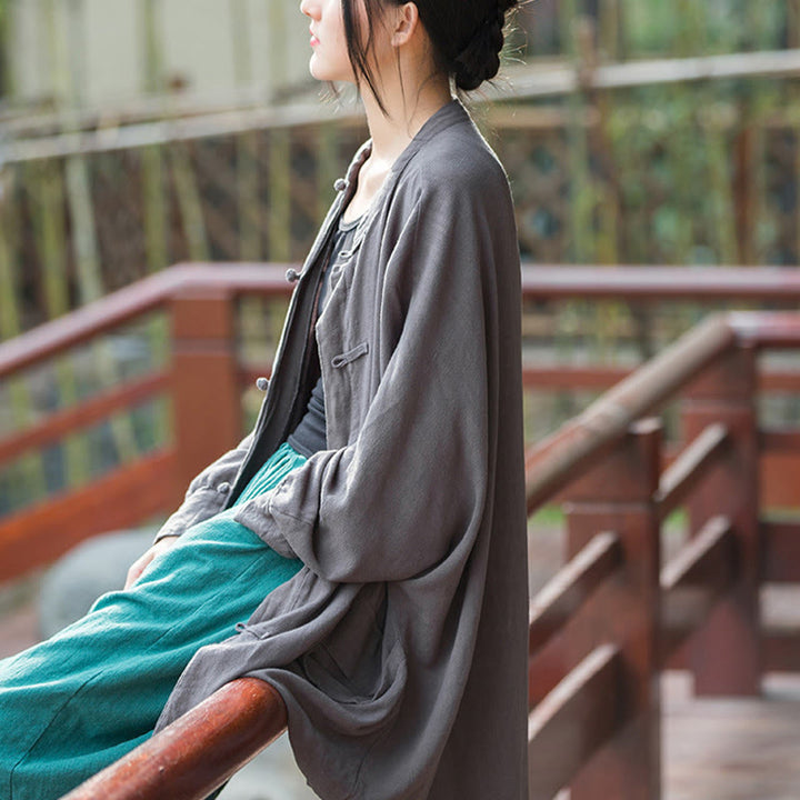 Buddha Stones Frog-Button Long Sleeve Zen Meditation Open Front Jacket With Pockets - image 17