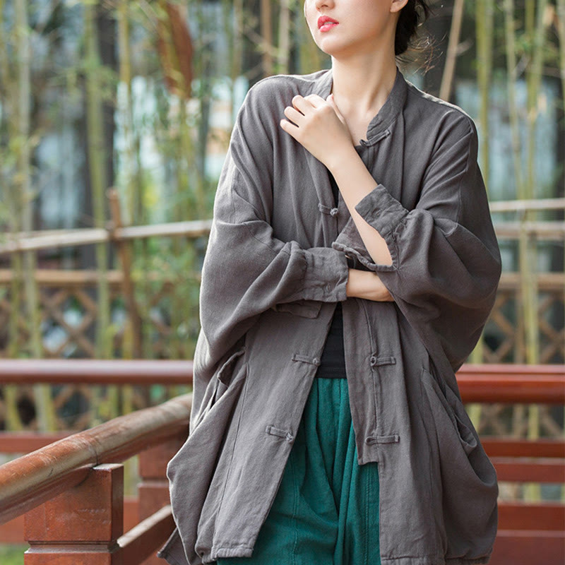 Buddha Stones Frog-Button Long Sleeve Zen Meditation Open Front Jacket With Pockets - image 16