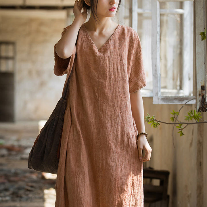 Buddha Stones Handmade Tie Dye V-Neck Midi Dress Linen Short Sleeve Dress - image 9