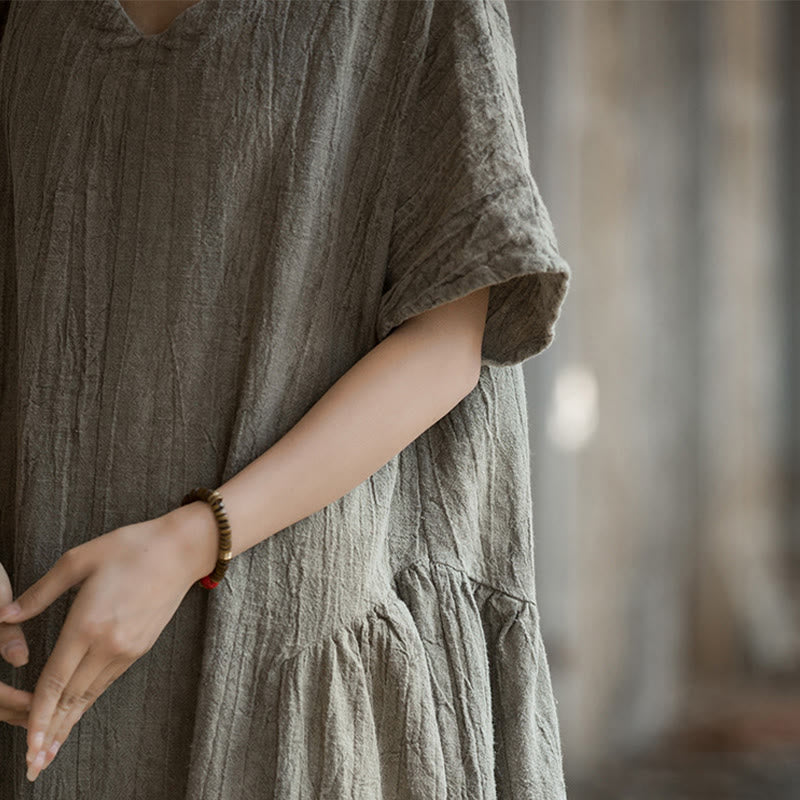 Buddha Stones Handmade Tie Dye V-Neck Midi Dress Linen Short Sleeve Dress - image 25