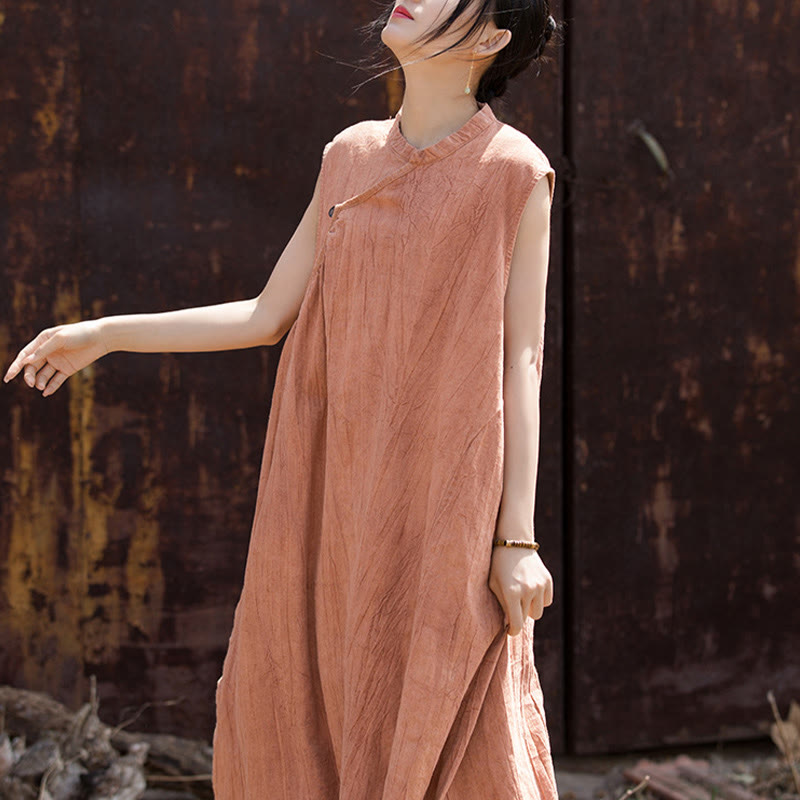 Buddha Stones Handmade Tie Dye Midi Dress Linen Sleeveless Dress - image 3