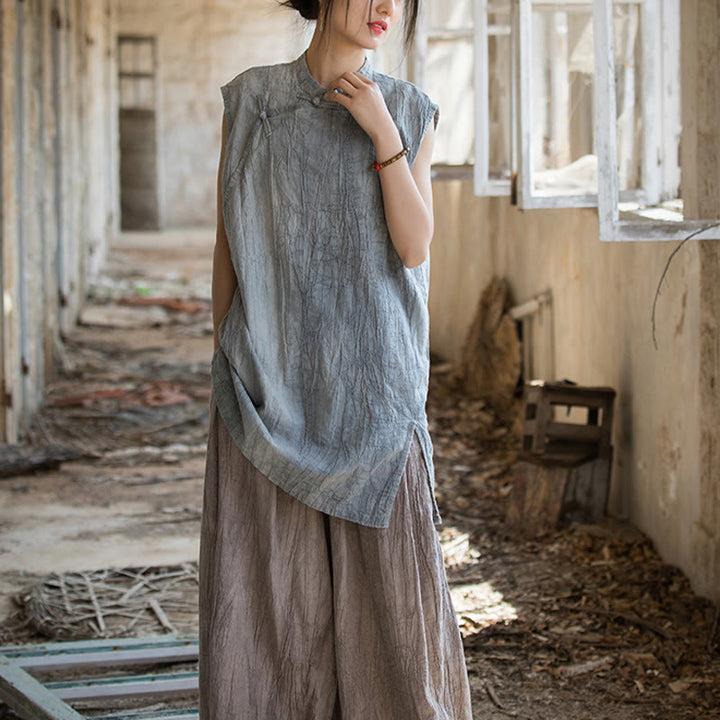 Buddha Stones Handmade Tie Dye Ramie Linen Frog-Button Sleeveless Vest - image 6