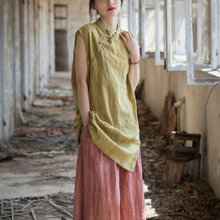 Buddha Stones Handmade Tie Dye Ramie Linen Frog-Button Sleeveless Vest - image 19