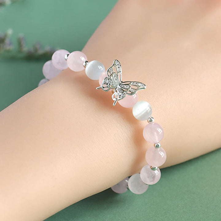 Buddha Stones Blue Chalcedony Pink Crystal Purple Chalcedony Butterfly Energy Bracelet - Pink Crystal(Wrist Circumference 14-16cm) - image 5