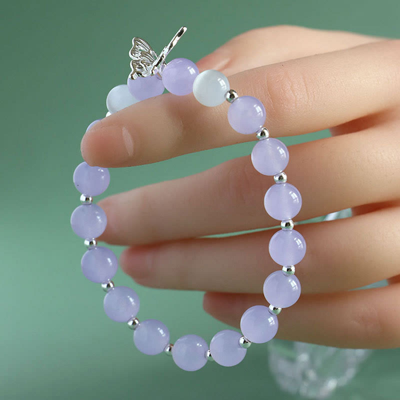 Buddha Stones Blue Chalcedony Pink Crystal Purple Chalcedony Butterfly Energy Bracelet - Purple Chalcedony(Wrist Circumference 14-16cm) - image 7