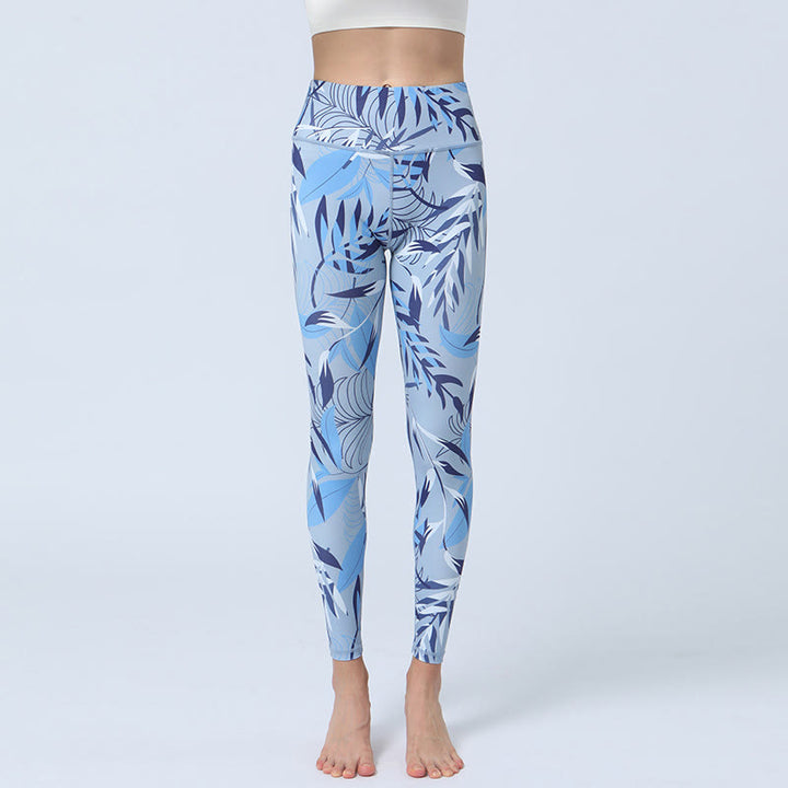 Buddha Stones Flowers Leaves Print Sports Fitness Yoga High Waist Leggings Women's Yoga Pants - Light Blue Leaves - US8-10，UK/AU12-14，EU40-42 (XL) - image 10