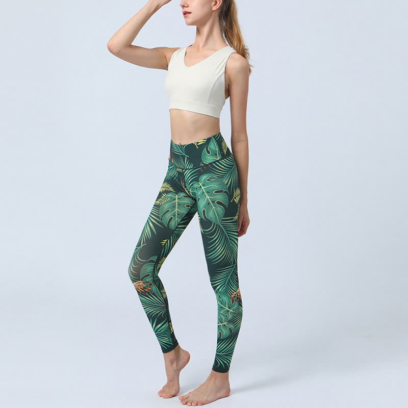 Buddha Stones Leaves Pattern Sports Fitness Yoga High Waist Leggings Women's Yoga Pants