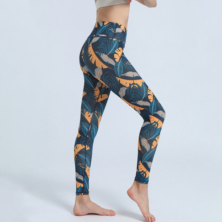 Buddha Stones Leaves Pattern Sports Fitness Yoga High Waist Leggings Women's Yoga Pants