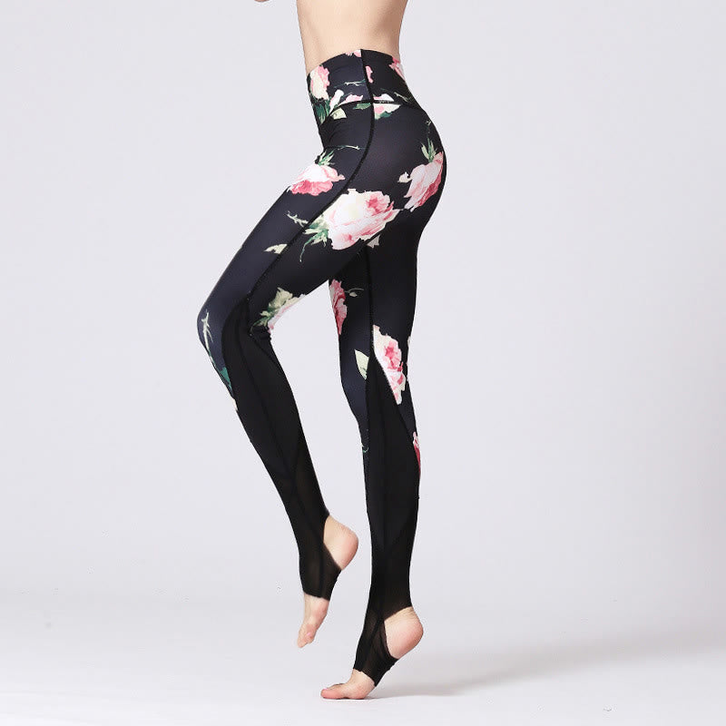 Buddha Stones Rose Peony Flower Print Design Sports Fitness Yoga Leggings Women's Yoga Pants