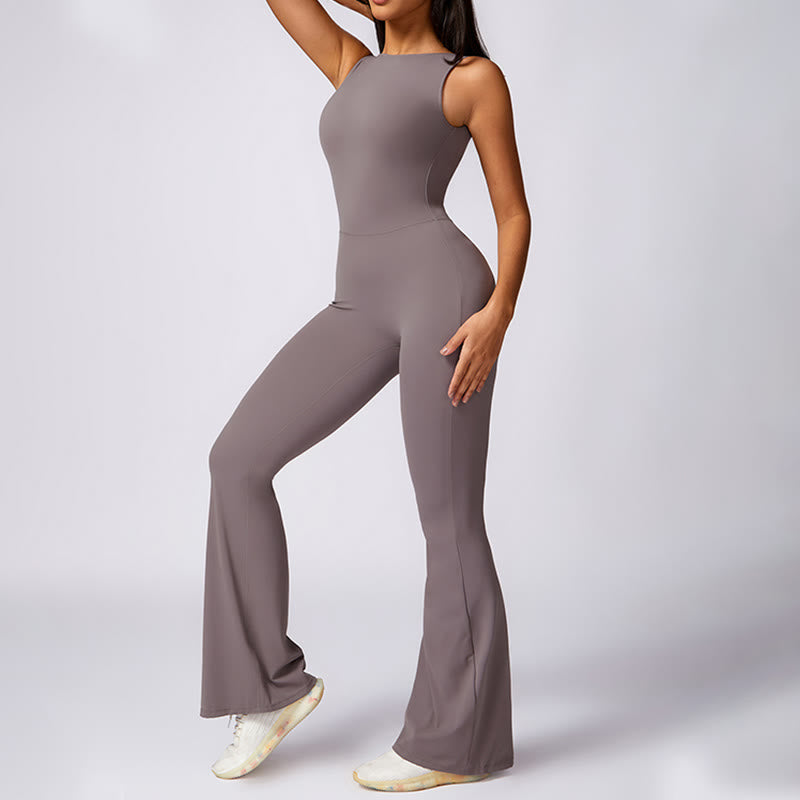 Buddha Stones Women Casual Sleeveless Jumpsuit Flare Pants Sports Fitness Yoga Bodysuit - image 1