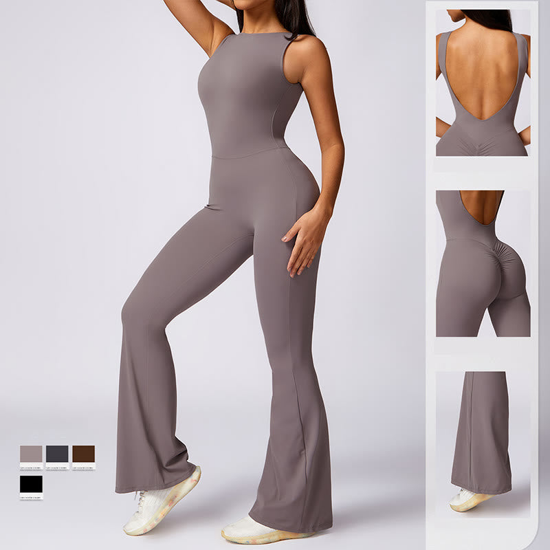 Buddha Stones Women Casual Sleeveless Jumpsuit Flare Pants Sports Fitness Yoga Bodysuit