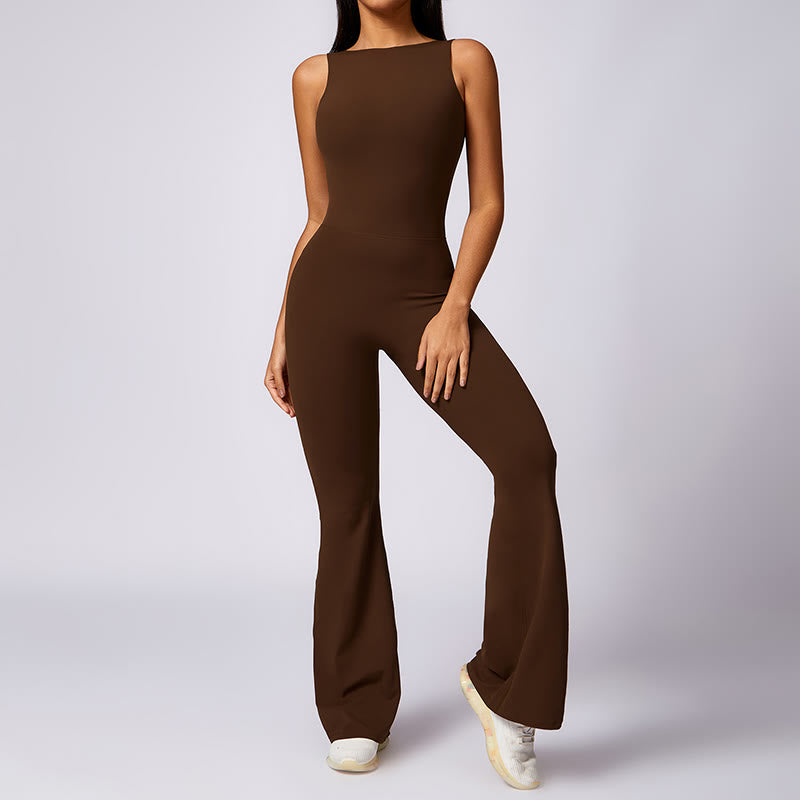 Buddha Stones Women Casual Sleeveless Jumpsuit Flare Pants Sports Fitness Yoga Bodysuit - Brown - US8-10，UK/AU12-14，EU40-42 (XL) - image 20
