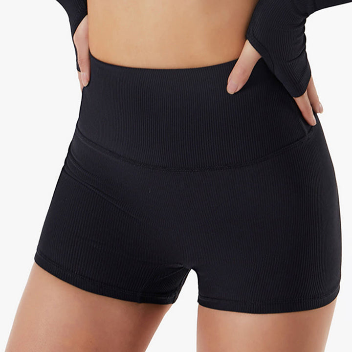 Buddha Stones Ribbed Long Sleeve Crop Top T-shirt Shorts Sports Fitness Gym Yoga Outfits