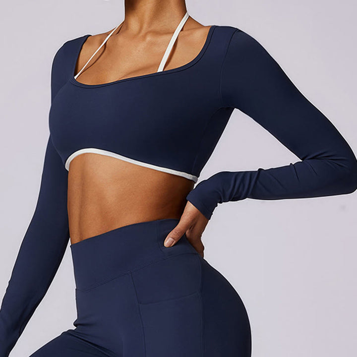 Buddha Stones Solid Color Halter Neck Bra Long Sleeve Crop Tank Top Pants Sports Fitness Gym Yoga Outfits - image 8