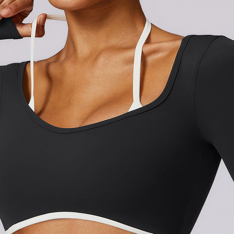 Buddha Stones Solid Color Halter Neck Bra Long Sleeve Crop Tank Top Pants Sports Fitness Gym Yoga Outfits - image 30