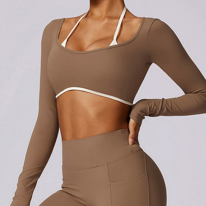 Buddha Stones Solid Color Halter Neck Bra Long Sleeve Crop Tank Top Pants Sports Fitness Gym Yoga Outfits