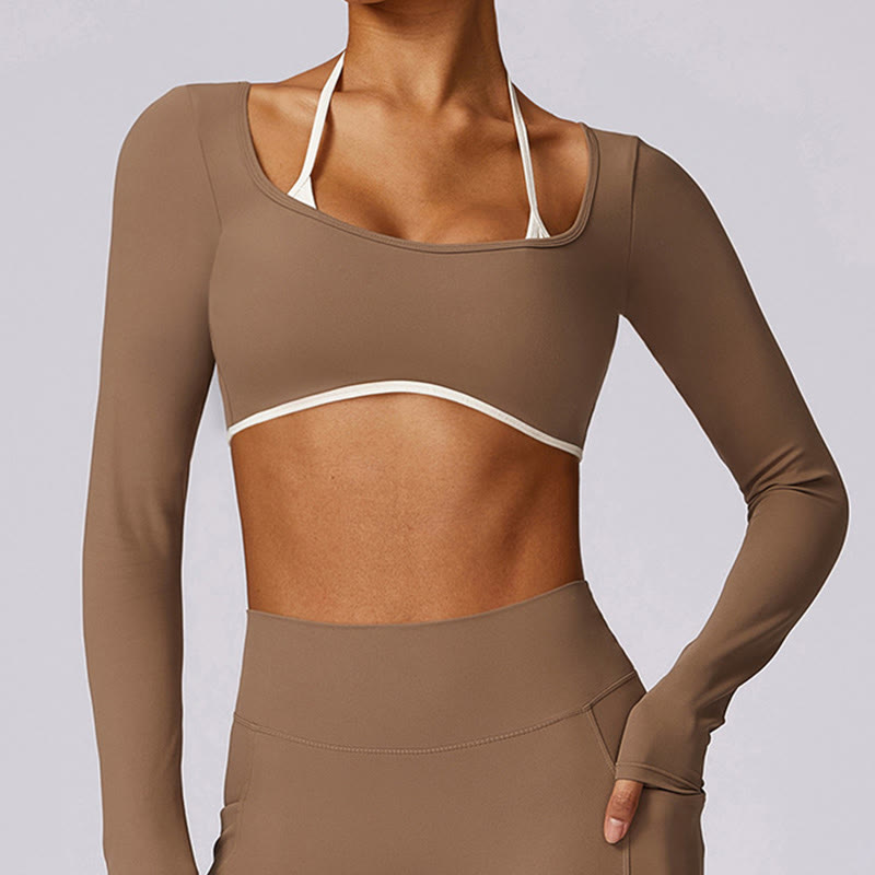 Buddha Stones Solid Color Halter Neck Bra Long Sleeve Crop Tank Top Pants Sports Fitness Gym Yoga Outfits - image 47