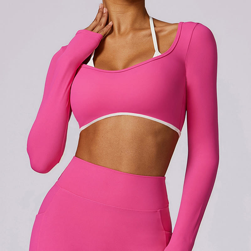 Buddha Stones Solid Color Halter Neck Bra Long Sleeve Crop Tank Top Pants Sports Fitness Gym Yoga Outfits