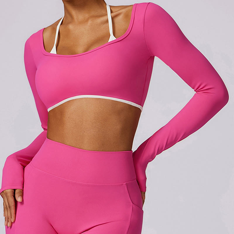 Buddha Stones Solid Color Halter Neck Bra Long Sleeve Crop Tank Top Pants Sports Fitness Gym Yoga Outfits