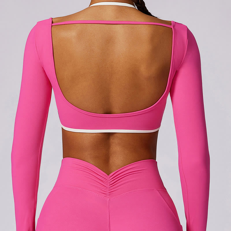 Buddha Stones Solid Color Halter Neck Bra Long Sleeve Crop Tank Top Pants Sports Fitness Gym Yoga Outfits