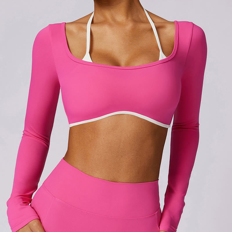 Buddha Stones Solid Color Halter Neck Bra Long Sleeve Crop Tank Top Pants Sports Fitness Gym Yoga Outfits