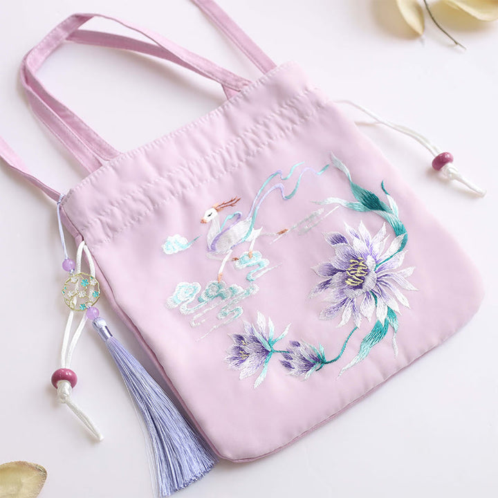 Buddha Stones Suzhou Embroidery Lotus Deer Epiphyllum Peony Rabbit Cotton Linen Tote Crossbody Bag Shoulder Bag Handbag - image 9