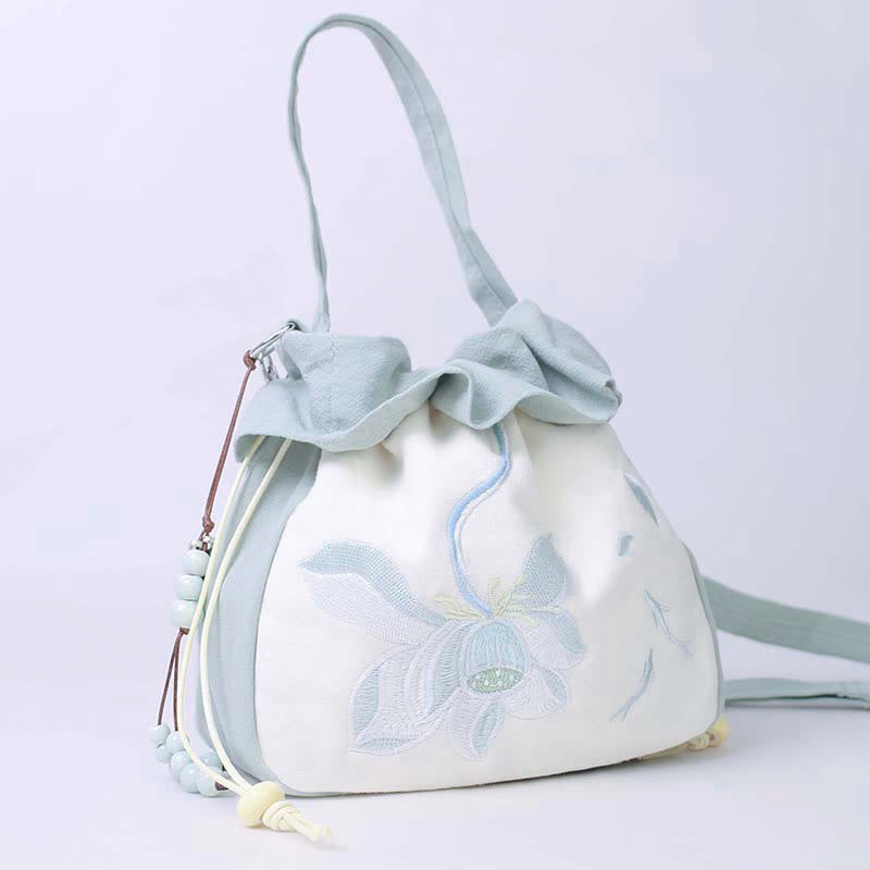 Buddha Stones Suzhou Embroidery Lotus Epiphyllum Magnolia Cotton Linen Tote Crossbody Bag Shoulder Bag Handbag - Green Lotus 20*20*7cm - image 0