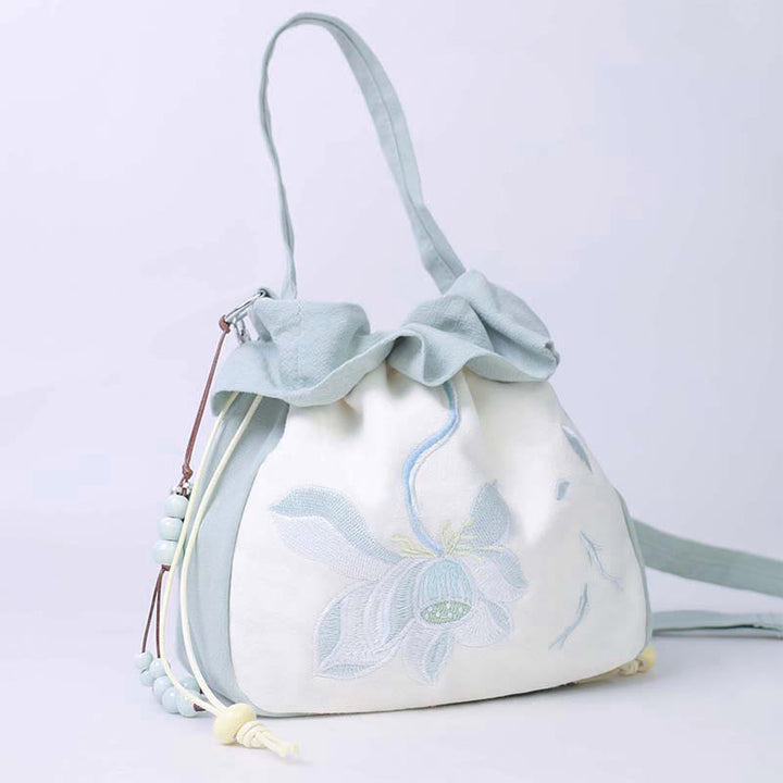 Buddha Stones Suzhou Embroidery Lotus Epiphyllum Magnolia Cotton Linen Tote Crossbody Bag Shoulder Bag Handbag - Green Lotus 20*20*7cm - image 0