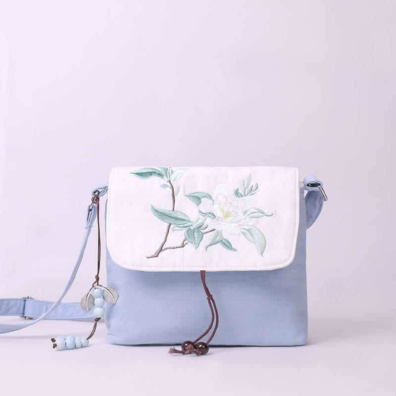 Buddha Stones Embroidered Camellia Epiphyllum Gardenia Sakura Flowers Crossbody Bag Shoulder Bag Cellphone Bag - Light Blue Gardenia 20*16cm - image 12