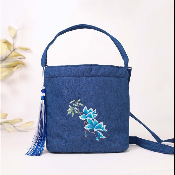 Buddha Stones Embroidery Wisteria Plum Lotus Cherry Blossom Cotton Linen Canvas Tote Crossbody Bag Shoulder Bag Handbag - Navy Blue Magnolia 19*20*10cm - image 0