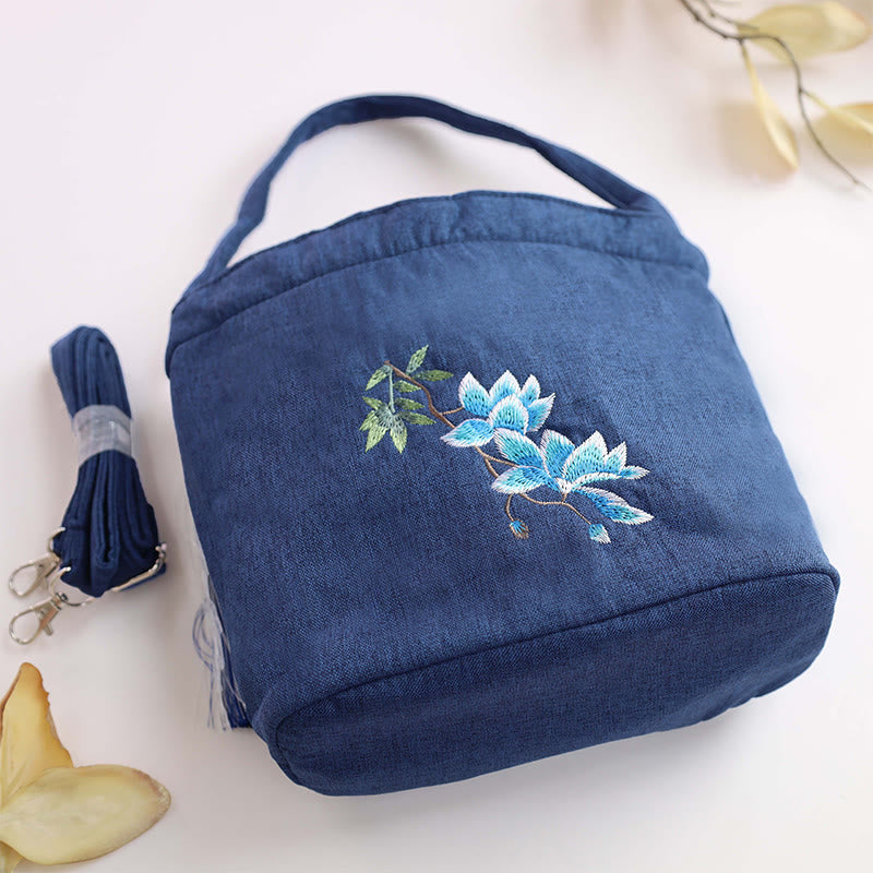 Buddha Stones Embroidery Wisteria Plum Lotus Cherry Blossom Cotton Linen Canvas Tote Crossbody Bag Shoulder Bag Handbag - image 2