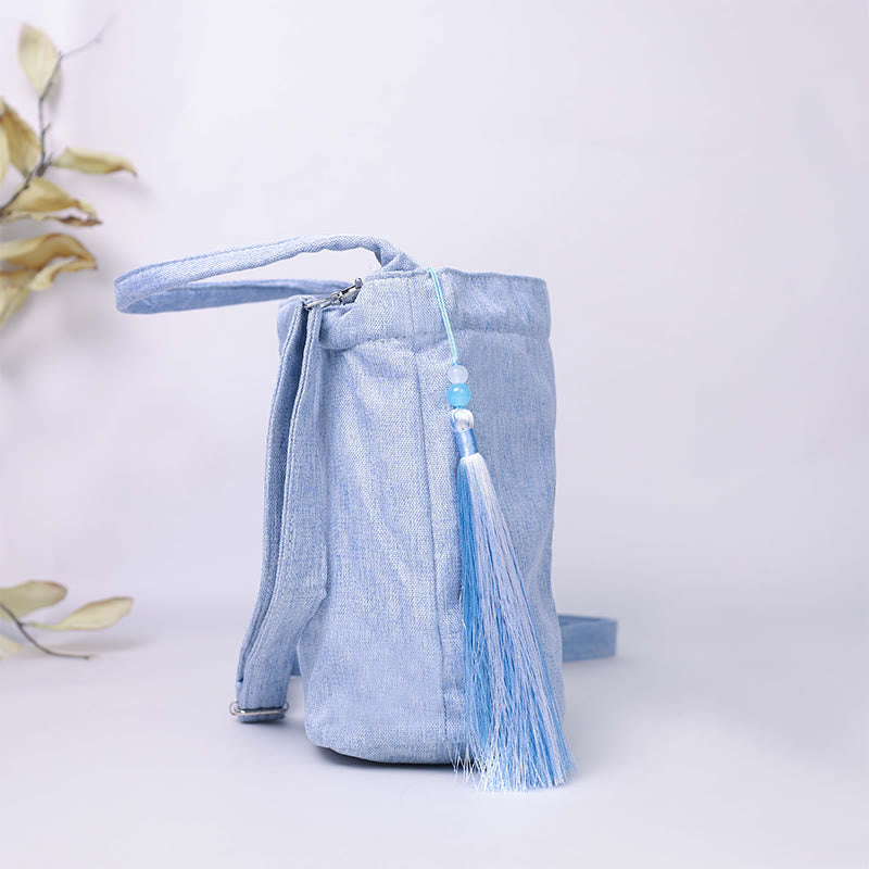 Buddha Stones Embroidery Wisteria Plum Lotus Cherry Blossom Cotton Linen Canvas Tote Crossbody Bag Shoulder Bag Handbag - image 10