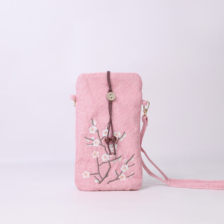 Buddha Stones Small Embroidered Flowers Crossbody Bag Shoulder Bag Cellphone Bag 11*20cm - Light Pink Plum Blossom 11*20cm - image 8